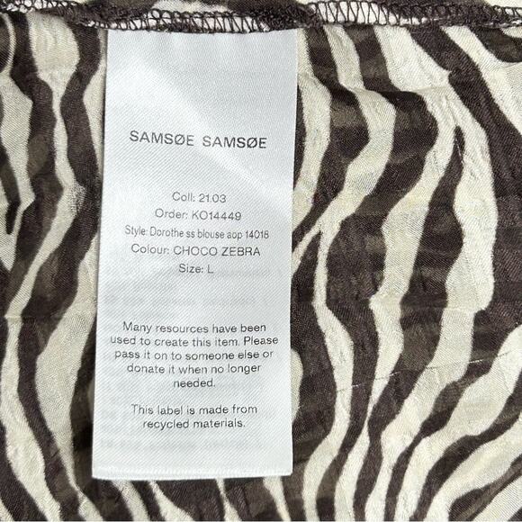 Samsoe Samsoe Dorothe Chocolate Brown  Zebra Print Tie Neck Blouse Large - Picture 12 of 13
